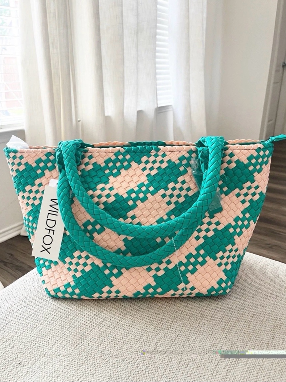 NWT WILDFOX Green Woven Double Handle Mercado Mexican Tote Bag